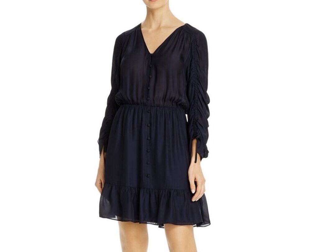 Parker Women's Fletcher Ruched 100% Silk Ruffle Dress Blue Size Small